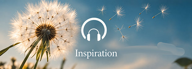 Hördateien zur Inspiration – Pusteblume und fliegende Samen mit Kopfhörersymbol