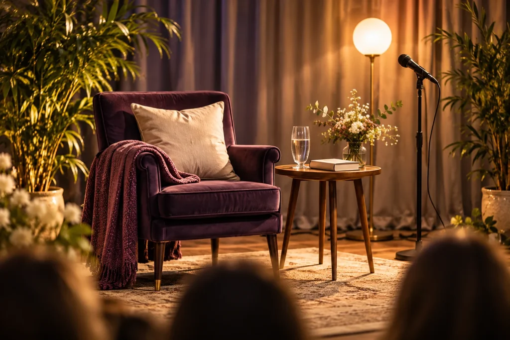 Gemütlicher Lesesessel mit Beistelltisch, Blumen und Mikrofon auf einer warm beleuchteten Bühne.