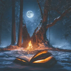 Mond über einem verschneiten Winterwald, ein warmes Feuer und eine goldene Feder im Vordergrund